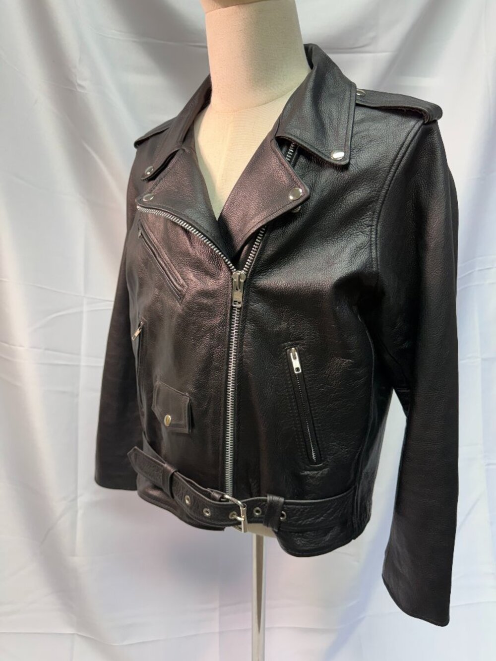 Men’s XL Genuine Leather Motorcycle Biker Jacket Black Moto Belted